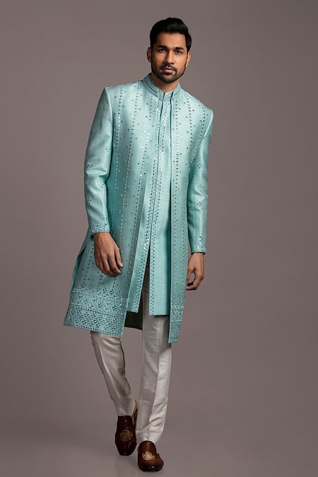 Buy_Jayesh Shah_Blue Tussar Dupion Silk Embroidered Mirror A-line Sherwani Set_Online_at_Aza_Fashions
