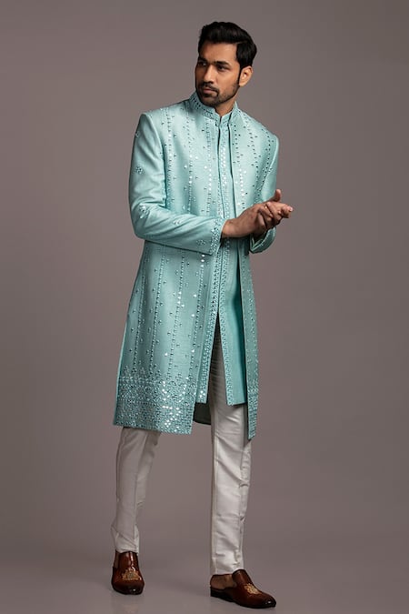 Shop_Jayesh Shah_Blue Tussar Dupion Silk Embroidered Mirror A-line Sherwani Set_Online_at_Aza_Fashions