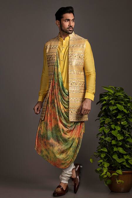 Jayesh Shah Yellow Mohair, Spandex, Silk, Cotton Embroidery Geometric Bundi Set Online at Aza Fashions Jayesh Shah_Yellow Mohair, Spandex, Silk, Cotton Embroidery Geometric Bundi Set_Online_at_Aza_Fashions