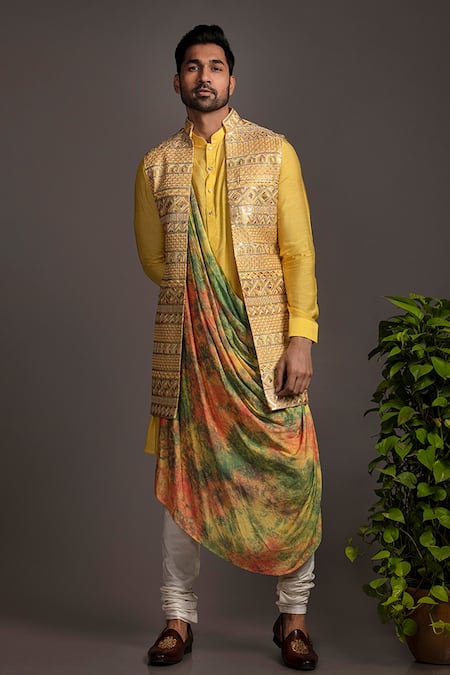 Buy Jayesh Shah Yellow Mohair, Spandex, Silk, Cotton Embroidery Geometric Bundi Set Online at Aza Fashions Buy_Jayesh Shah_Yellow Mohair, Spandex, Silk, Cotton Embroidery Geometric Bundi Set_Online_at_Aza_Fashions