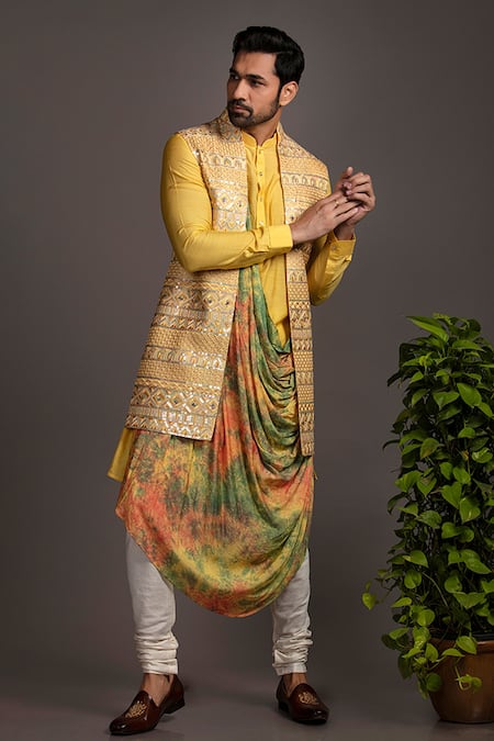 Shop Jayesh Shah Yellow Mohair, Spandex, Silk, Cotton Embroidery Geometric Bundi Set Online at Aza Fashions Shop_Jayesh Shah_Yellow Mohair, Spandex, Silk, Cotton Embroidery Geometric Bundi Set_Online_at_Aza_Fashions