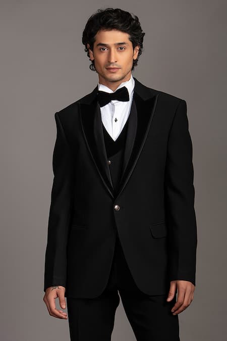 Buy_Jayesh Shah_Black Polinosic Satin Solid Blazer Pant Set_Online_at_Aza_Fashions