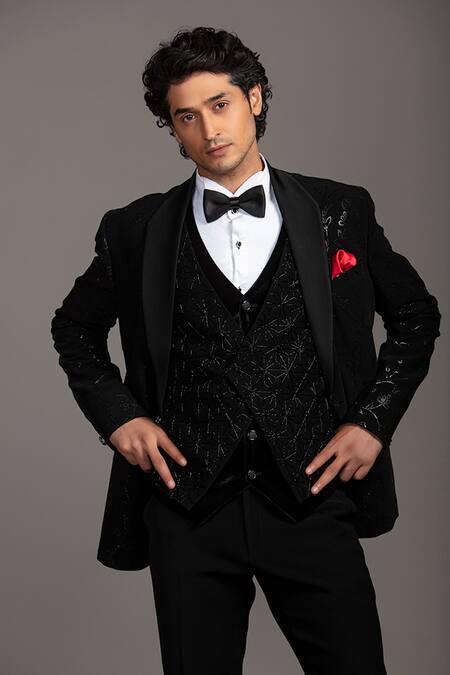 Jayesh Shah_Black Velvet Printed Floral Blazer Pant Set_Online_at_Aza_Fashions