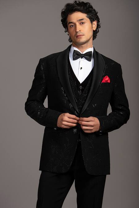 Buy_Jayesh Shah_Black Velvet Printed Floral Blazer Pant Set_Online_at_Aza_Fashions