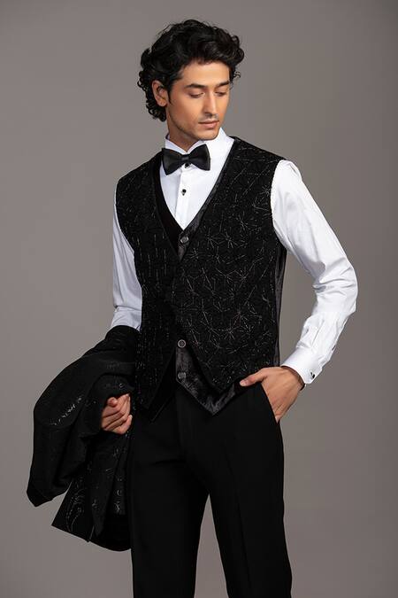 Jayesh Shah_Black Velvet Printed Floral Blazer Pant Set_at_Aza_Fashions