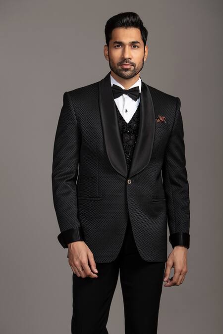Buy_Jayesh Shah_Black Velvet Pattern Blazer Pant Set_Online_at_Aza_Fashions