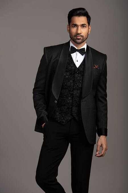 Shop_Jayesh Shah_Black Velvet Pattern Blazer Pant Set_Online_at_Aza_Fashions