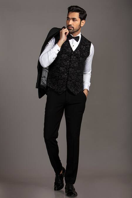 Jayesh Shah_Black Velvet Pattern Blazer Pant Set_at_Aza_Fashions