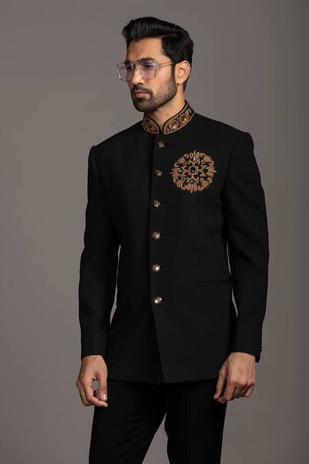Jayesh Shah_Black Polyester, Viscose Embroidery Placement Jodhpuri And Pant Set_Online_at_Aza_Fashions