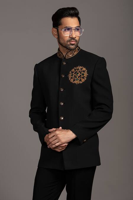 Buy_Jayesh Shah_Black Polyester, Viscose Embroidery Placement Jodhpuri And Pant Set_Online_at_Aza_Fashions