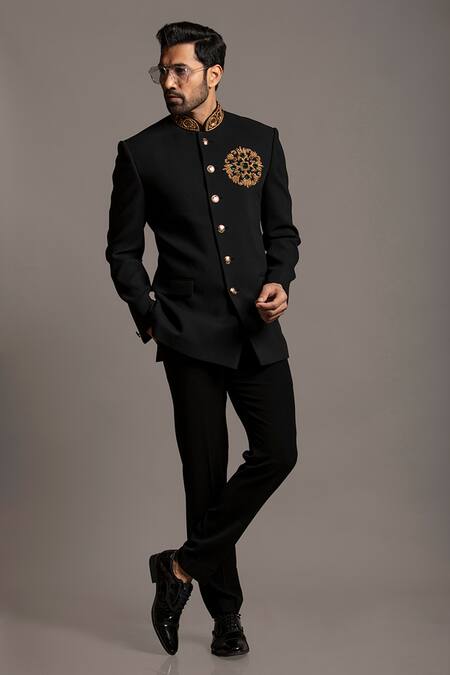 Shop_Jayesh Shah_Black Polyester, Viscose Embroidery Placement Jodhpuri And Pant Set_Online_at_Aza_Fashions