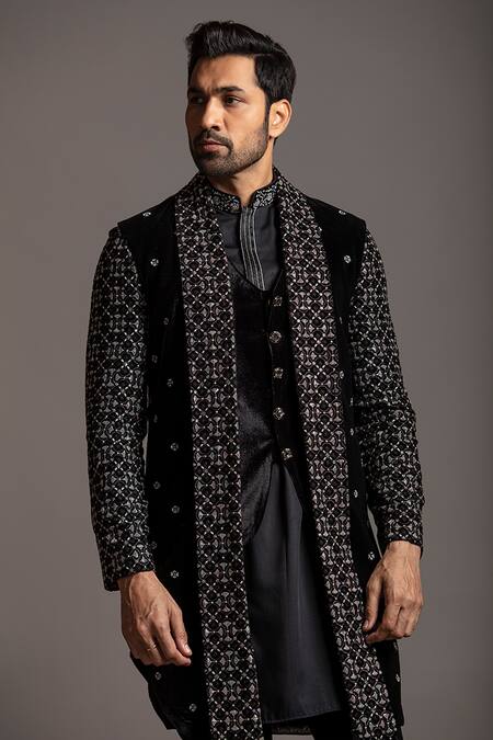 Shop Jayesh Shah Black Micro Velvet Printed Geometric Longline Bundi Set Online at Aza Fashions Shop_Jayesh Shah_Black Micro Velvet Printed Geometric Longline Bundi Set_Online_at_Aza_Fashions