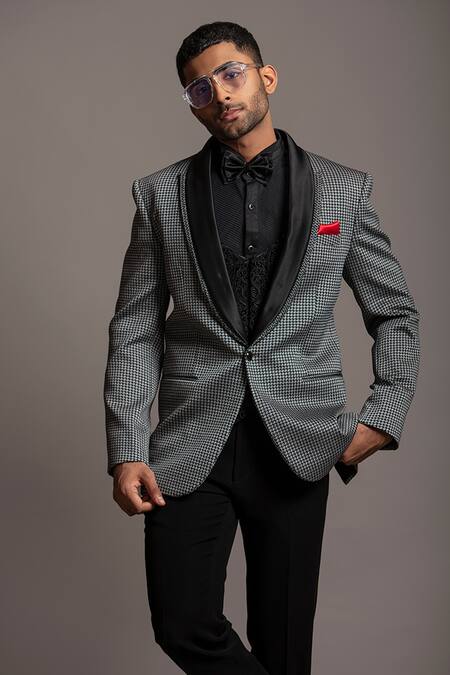 Jayesh Shah_Grey Terry Rayon Printed Handstooth Blazer Pant Set_Online_at_Aza_Fashions