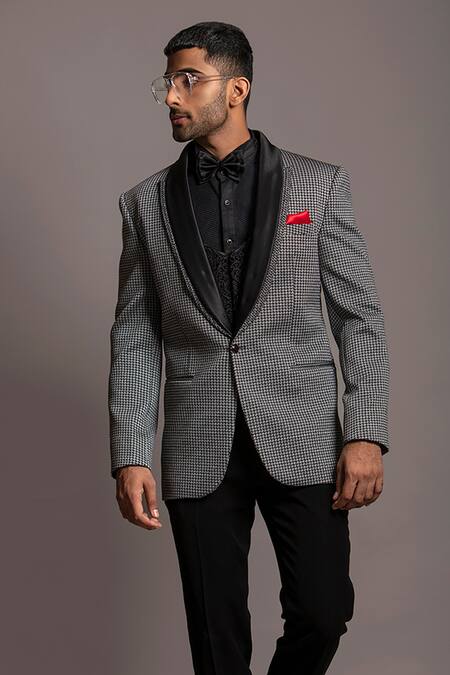 Buy_Jayesh Shah_Grey Terry Rayon Printed Handstooth Blazer Pant Set_Online_at_Aza_Fashions