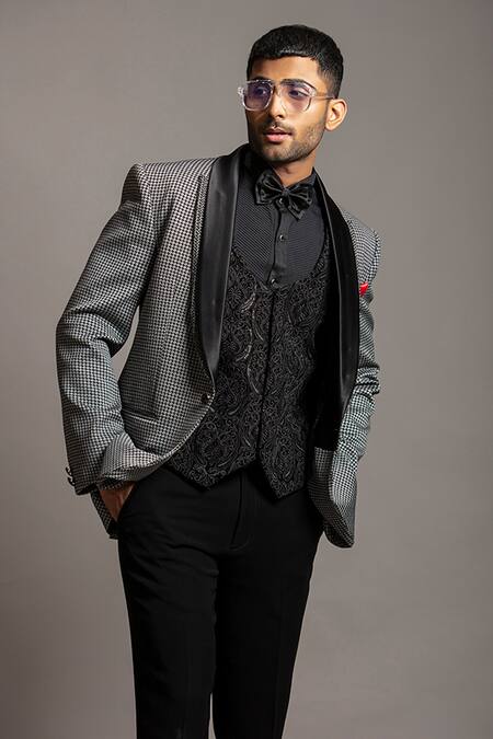 Shop_Jayesh Shah_Grey Terry Rayon Printed Handstooth Blazer Pant Set_Online_at_Aza_Fashions