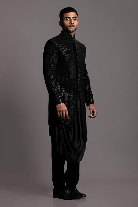 Buy_Jayesh Shah_Black Polinosic Embroidered Sequins Sherwani Set_Online_at_Aza_Fashions