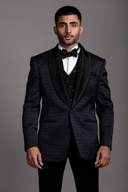 Jayesh Shah Blue Polinosic Blended Texture Navy Tuxedo Set Online at Aza Fashions Jayesh Shah_Blue Polinosic Blended Texture Navy Tuxedo Set_Online_at_Aza_Fashions