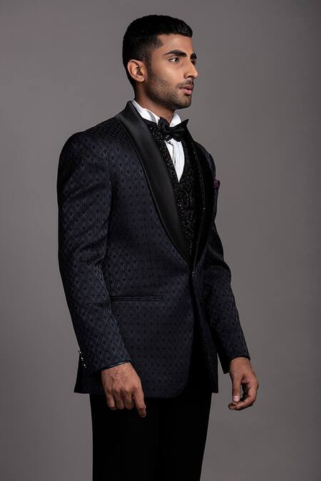 Buy Jayesh Shah Blue Polinosic Blended Texture Navy Tuxedo Set Online at Aza Fashions Buy_Jayesh Shah_Blue Polinosic Blended Texture Navy Tuxedo Set_Online_at_Aza_Fashions