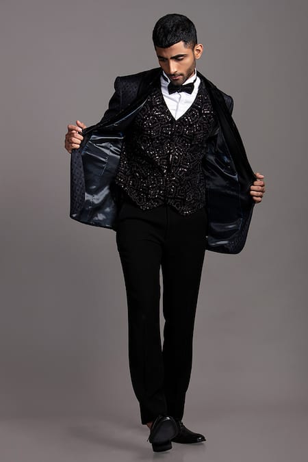 Shop Jayesh Shah Blue Polinosic Blended Texture Navy Tuxedo Set Online at Aza Fashions Shop_Jayesh Shah_Blue Polinosic Blended Texture Navy Tuxedo Set_Online_at_Aza_Fashions