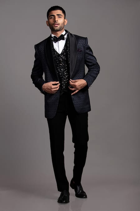 Jayesh Shah Blue Polinosic Blended Texture Navy Tuxedo Set at Aza Fashions Jayesh Shah_Blue Polinosic Blended Texture Navy Tuxedo Set_at_Aza_Fashions
