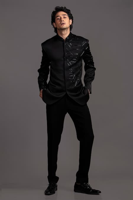 Jayesh Shah_Black Polinosic Embroidered Abstract Jodhpuri And Pant Set_Online_at_Aza_Fashions