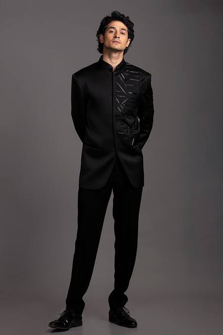 Shop_Jayesh Shah_Black Polinosic Embroidered Abstract Jodhpuri And Pant Set_Online_at_Aza_Fashions