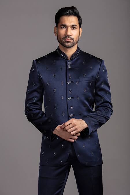 Jayesh Shah Blue Polinosic Embroidered Thread Jodhpuri And Pant Set Online at Aza Fashions Jayesh Shah_Blue Polinosic Embroidered Thread Jodhpuri And Pant Set_Online_at_Aza_Fashions