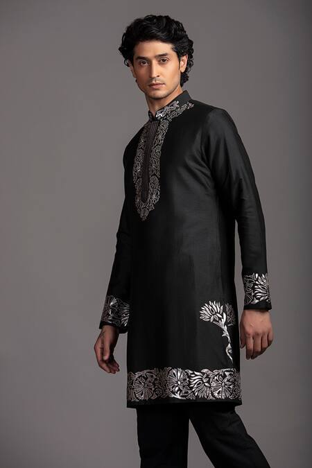 Jayesh Shah_Black Spandex, Silk Embroidery Printed Kurta And Pant Set_Online_at_Aza_Fashions