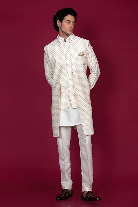 Jayesh Shah_Ivory Silk Embroidery Geometric Printed Longline Bundi Set_Online_at_Aza_Fashions