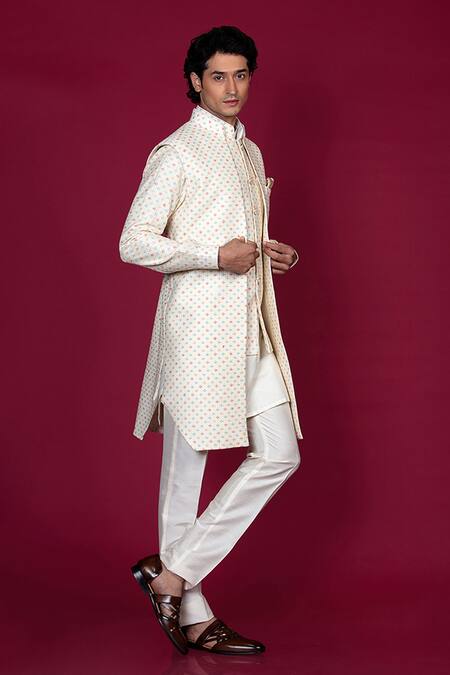 Buy_Jayesh Shah_Ivory Silk Embroidery Geometric Printed Longline Bundi Set_Online_at_Aza_Fashions