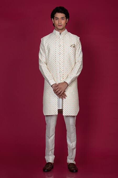 Shop_Jayesh Shah_Ivory Silk Embroidery Geometric Printed Longline Bundi Set_Online_at_Aza_Fashions
