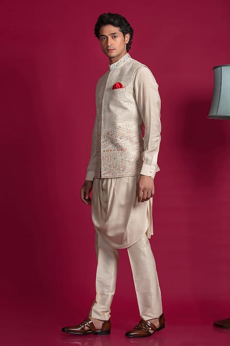 Jayesh Shah_Beige Silk, Mohair, Cotton Beads Embroidered Bundi Set_Online_at_Aza_Fashions