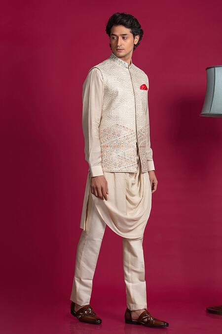 Buy_Jayesh Shah_Beige Silk, Mohair, Cotton Beads Embroidered Bundi Set_Online_at_Aza_Fashions