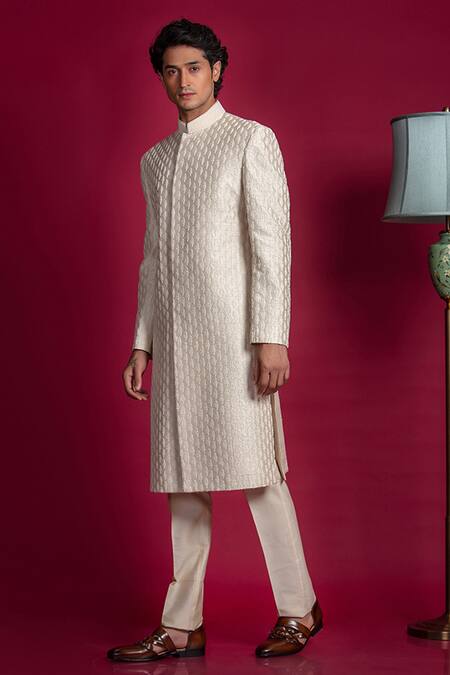 Jayesh Shah_Gold Raw Silk Embroidered Thread Sherwani Set_Online_at_Aza_Fashions
