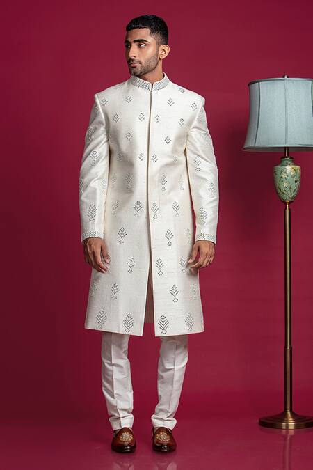 Jayesh Shah_Silver Raw Silk Embroidered Mirror Sherwani And Pant Set_Online_at_Aza_Fashions