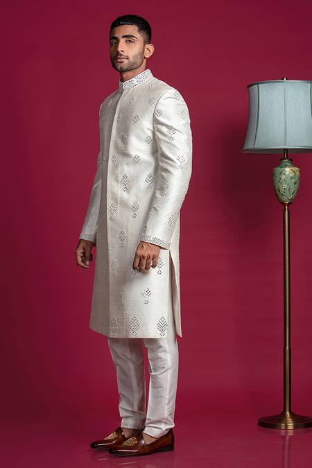 Buy_Jayesh Shah_Silver Raw Silk Embroidered Mirror Sherwani And Pant Set_Online_at_Aza_Fashions