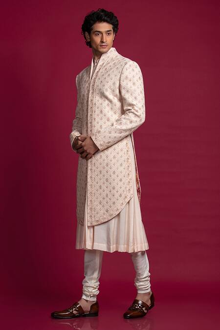 Jayesh Shah_Peach Cotton Moonga Embroidered Thread Sherwani With Flared Kurta Set_Online_at_Aza_Fashions
