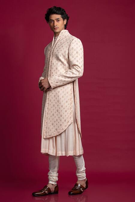 Buy_Jayesh Shah_Peach Cotton Moonga Embroidered Thread Sherwani With Flared Kurta Set_Online_at_Aza_Fashions
