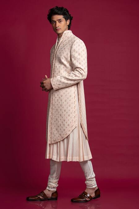 Shop_Jayesh Shah_Peach Cotton Moonga Embroidered Thread Sherwani With Flared Kurta Set_Online_at_Aza_Fashions