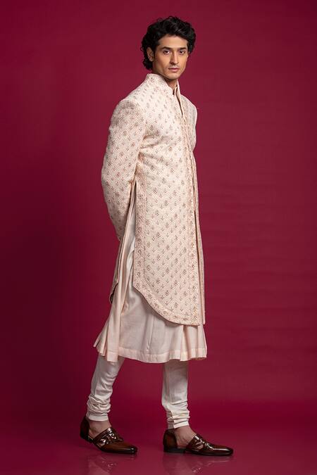 Jayesh Shah_Peach Cotton Moonga Embroidered Thread Sherwani With Flared Kurta Set_at_Aza_Fashions