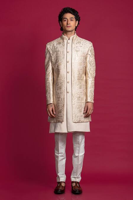 Jayesh Shah Ivory Suede Velvet Printed Abstract Front-open Sherwani Set Online at Aza Fashions Jayesh Shah_Ivory Suede Velvet Printed Abstract Front-open Sherwani Set_Online_at_Aza_Fashions