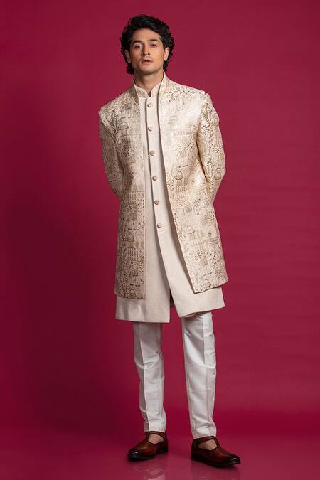 Buy Jayesh Shah Ivory Suede Velvet Printed Abstract Front-open Sherwani Set Online at Aza Fashions Buy_Jayesh Shah_Ivory Suede Velvet Printed Abstract Front-open Sherwani Set_Online_at_Aza_Fashions