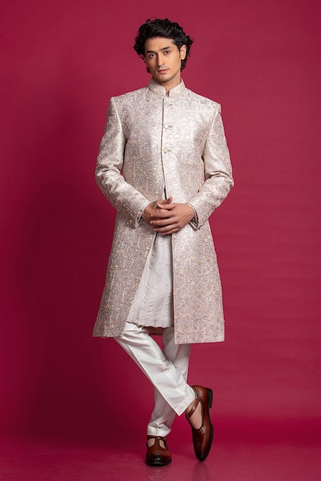Jayesh Shah_Grey Raw Silk Embroidered Jaal A-line Sherwani Set_Online_at_Aza_Fashions