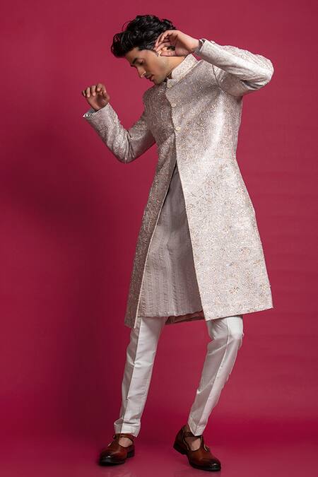 Buy_Jayesh Shah_Grey Raw Silk Embroidered Jaal A-line Sherwani Set_Online_at_Aza_Fashions