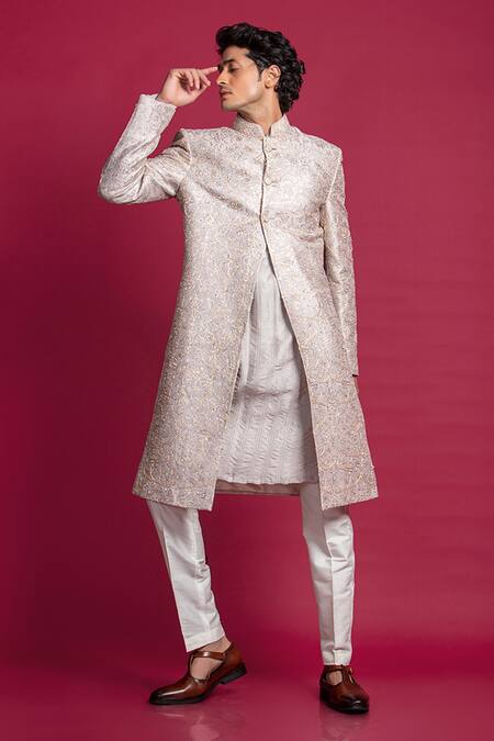 Shop_Jayesh Shah_Grey Raw Silk Embroidered Jaal A-line Sherwani Set_Online_at_Aza_Fashions