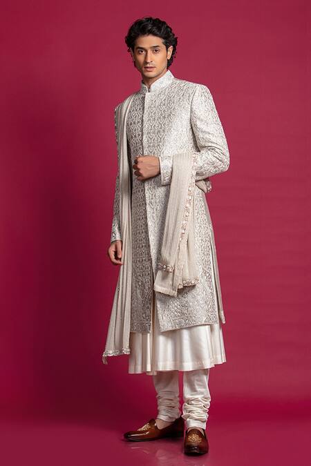 Jayesh Shah_Grey Georgette Embroidered Pearl And Resham Sherwani Set_Online_at_Aza_Fashions