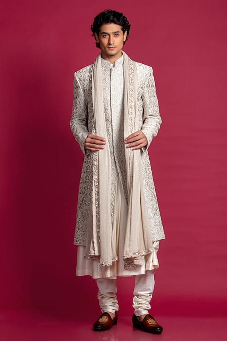Shop_Jayesh Shah_Grey Georgette Embroidered Pearl And Resham Sherwani Set_Online_at_Aza_Fashions