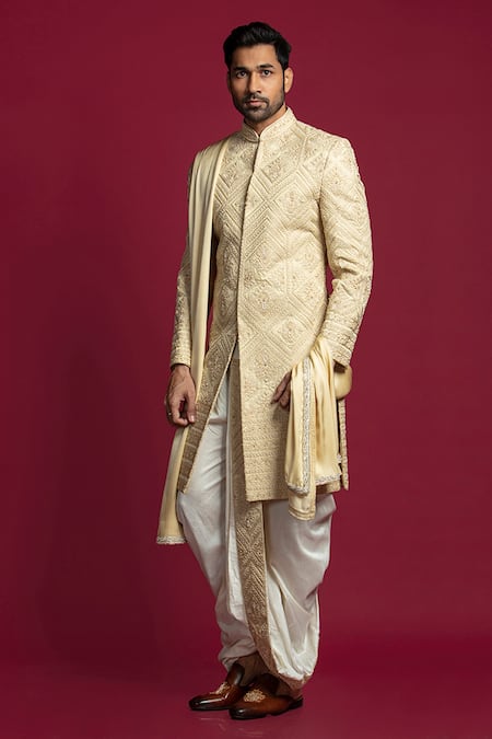 Jayesh Shah_Gold Tussar Silk Embroidered Zardosi And Resham Sherwani Set_Online_at_Aza_Fashions