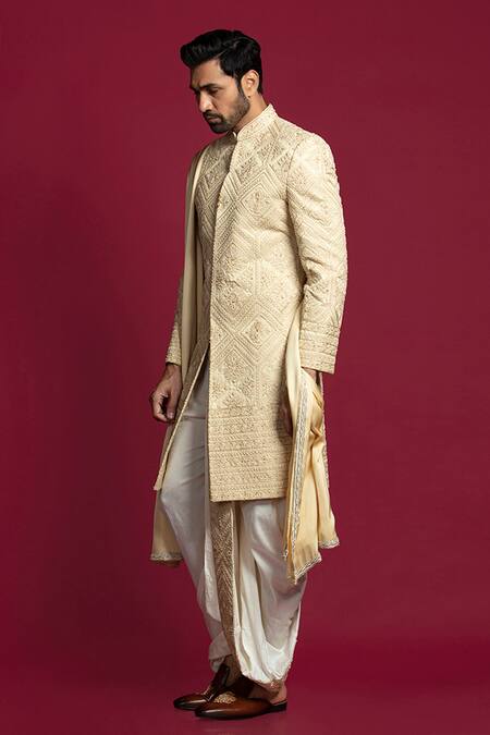 Buy_Jayesh Shah_Gold Tussar Silk Embroidered Zardosi And Resham Sherwani Set_Online_at_Aza_Fashions