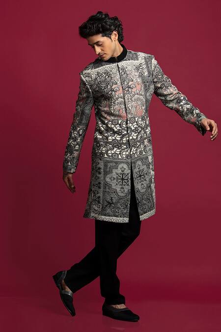 Jayesh Shah_Black Wool Printed Monochrome A-line Sherwani Set_at_Aza_Fashions